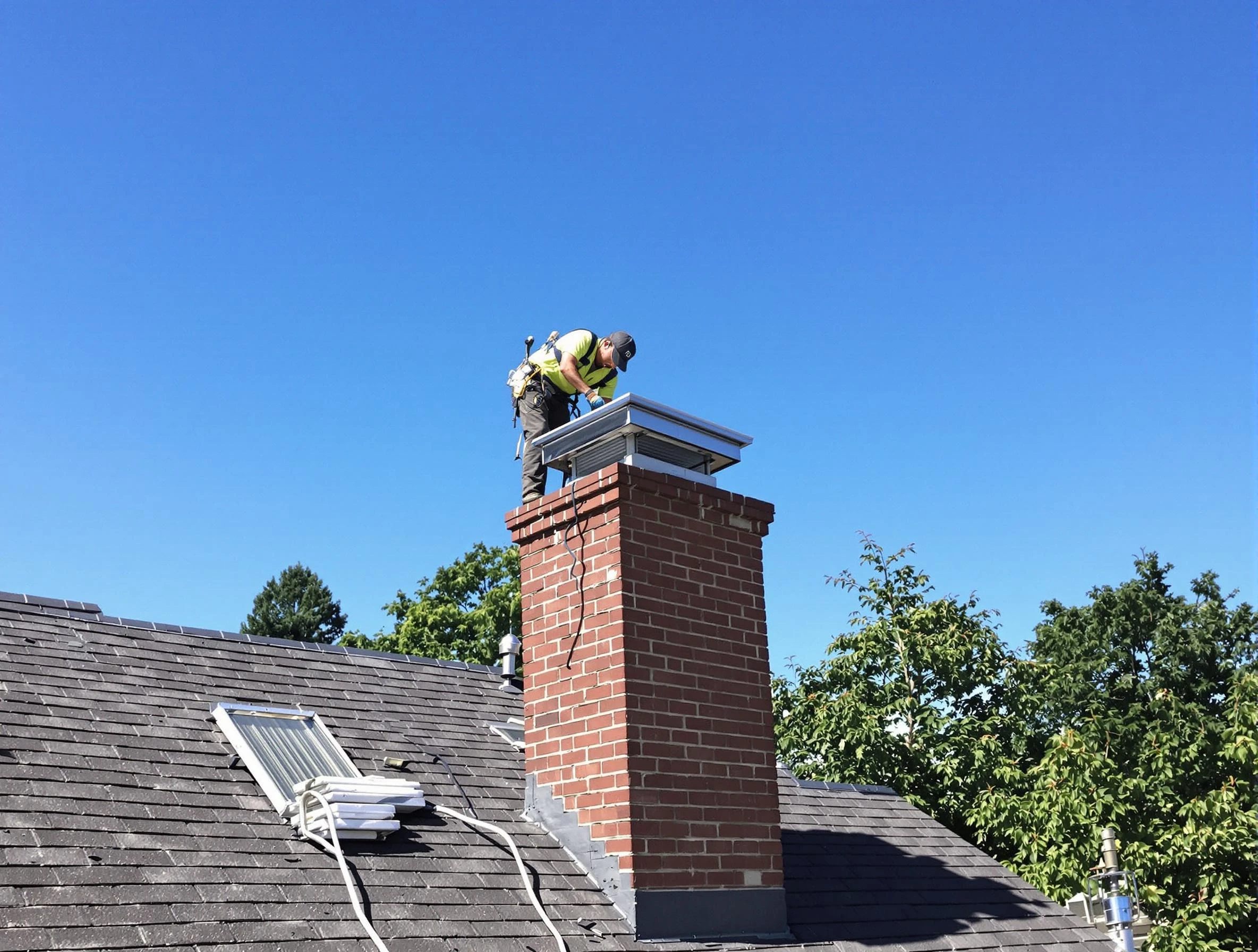 Ken Caryl Chimney Sweep technician measuring a chimney cap in Ken Caryl, CO